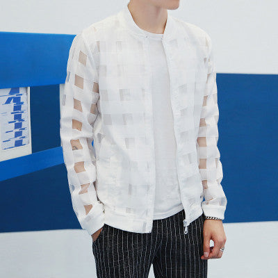 Pierced Transparent Jacket Men Sun Protection Clothing Thin Long Sleeve Man Jacket Plus Size Slim Plaid Mens Jackets