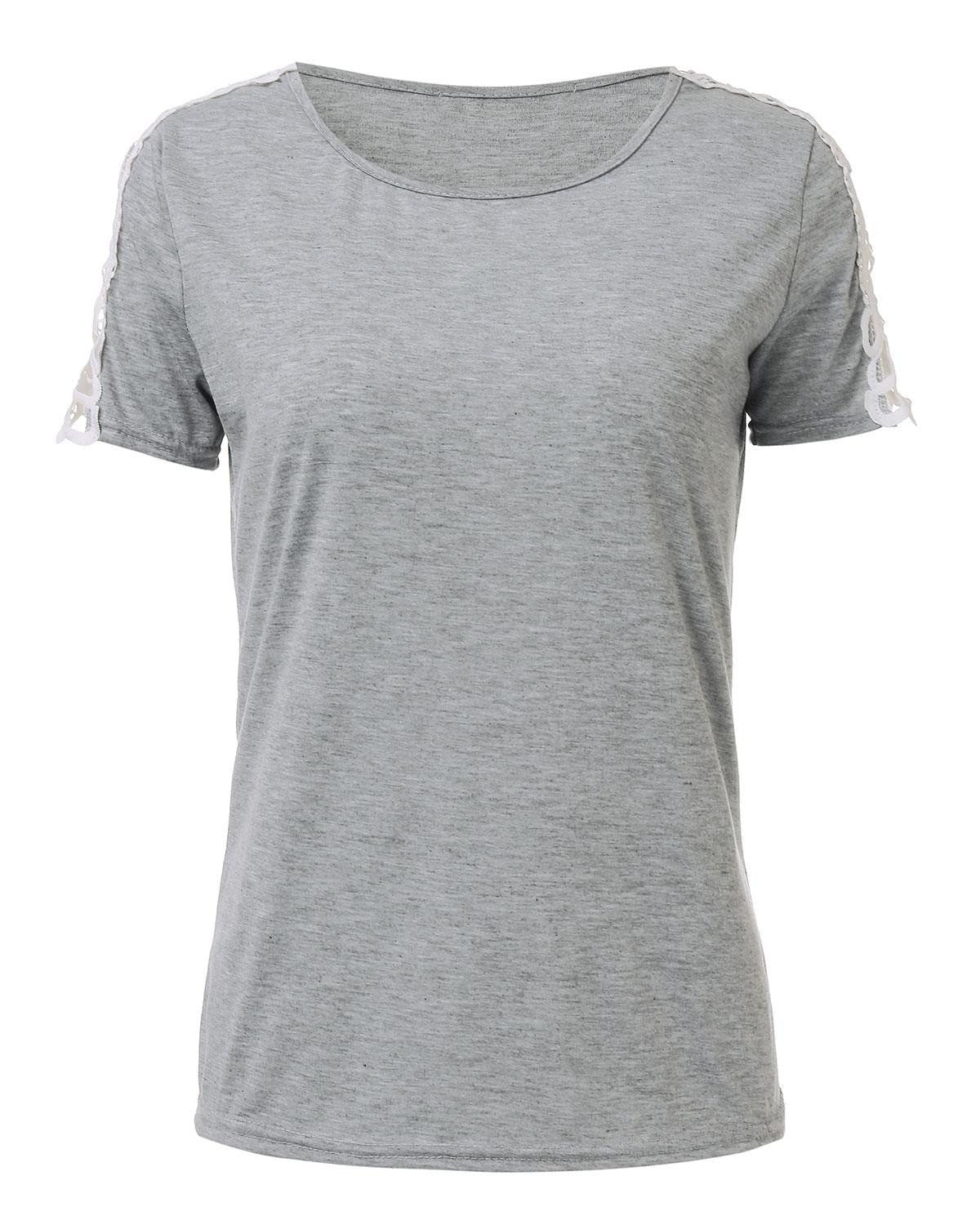 Trendy Blouse Women Ladies O Neck Lace Patchwork Short Sleeve Loose Solid Shirts Plus Size Casual Tops
