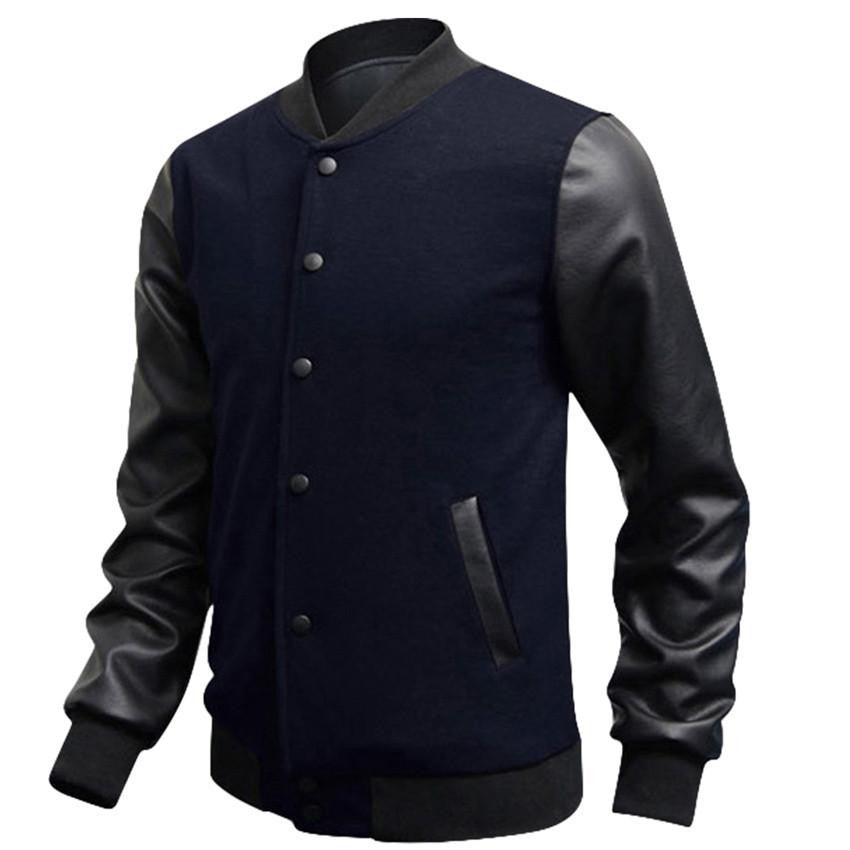 Slim Fit Fashion Casual Mens Coat Baseball Jackets PU Leather Sleeve Jacket Men Bomber Jackets And Coats