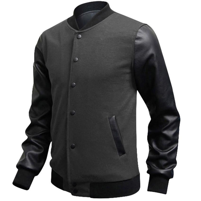 Slim Fit Fashion Casual Mens Coat Baseball Jackets PU Leather Sleeve Jacket Men Bomber Jackets And Coats