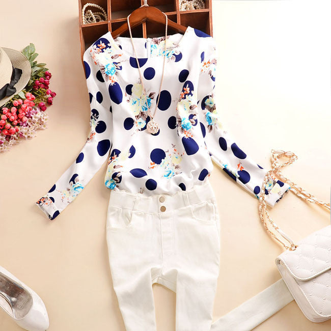 Online discount shop Australia - Casual Chiffon Shirts Sexy Deep round-Neck Women Blouses Blue White Long Sleeve Solid Tops Plus Size Loose