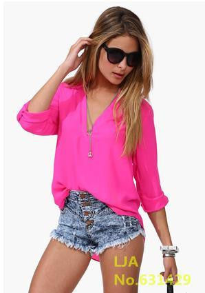 Women Chiffon Blouse V-neck Long Sleeve Casual Women Tops Temperament Solid Shirts Plus Size M-XXL S016