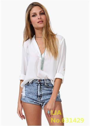 Women Chiffon Blouse V-neck Long Sleeve Casual Women Tops Temperament Solid Shirts Plus Size M-XXL S016