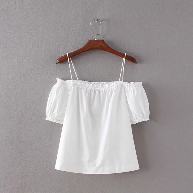 women sexy Strapless Spaghetti Tops lady casual Pure color off shoulder straps blouse