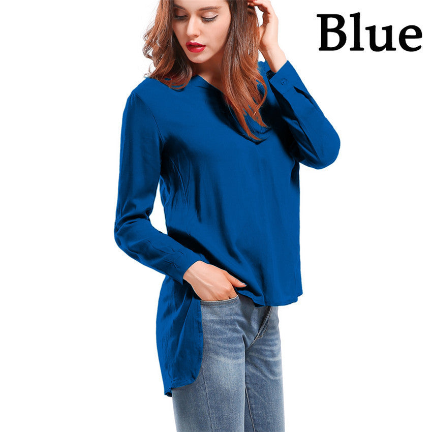 Online discount shop Australia - Fashion female V-neck blouses Cotton irregular Solid Loose Long sleeve shirts Ladies tops Streetwear Women Plus Size