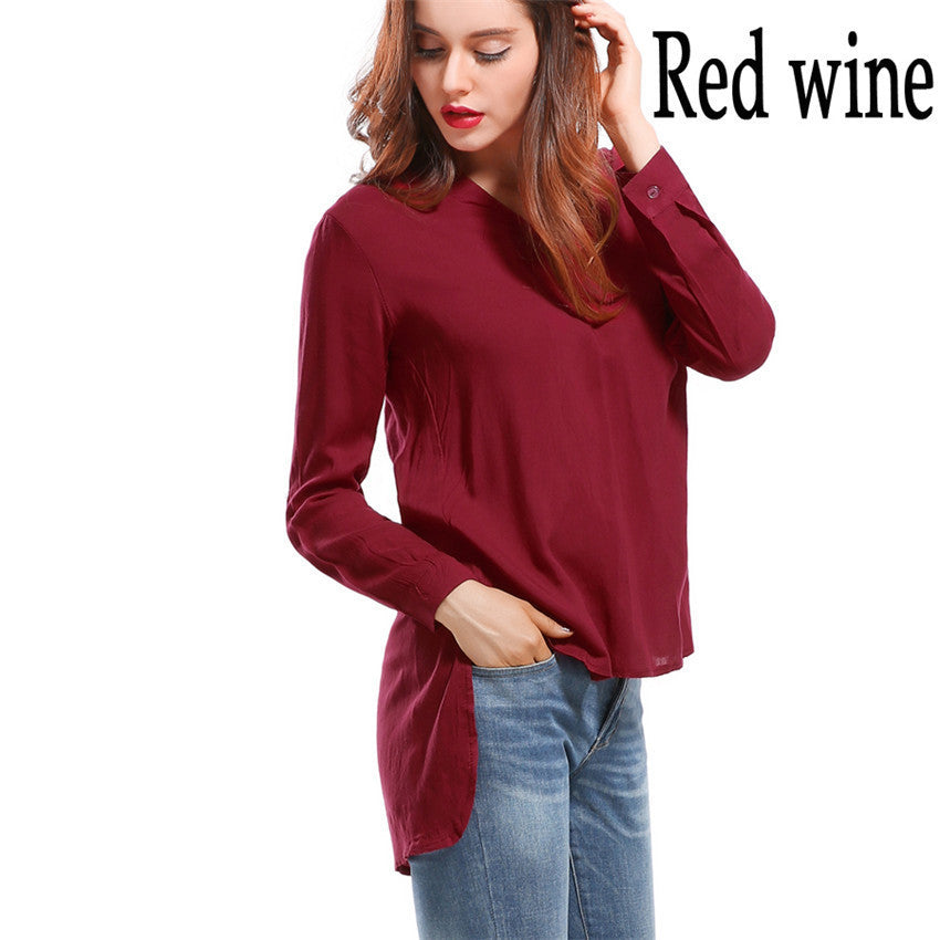 Online discount shop Australia - Fashion female V-neck blouses Cotton irregular Solid Loose Long sleeve shirts Ladies tops Streetwear Women Plus Size