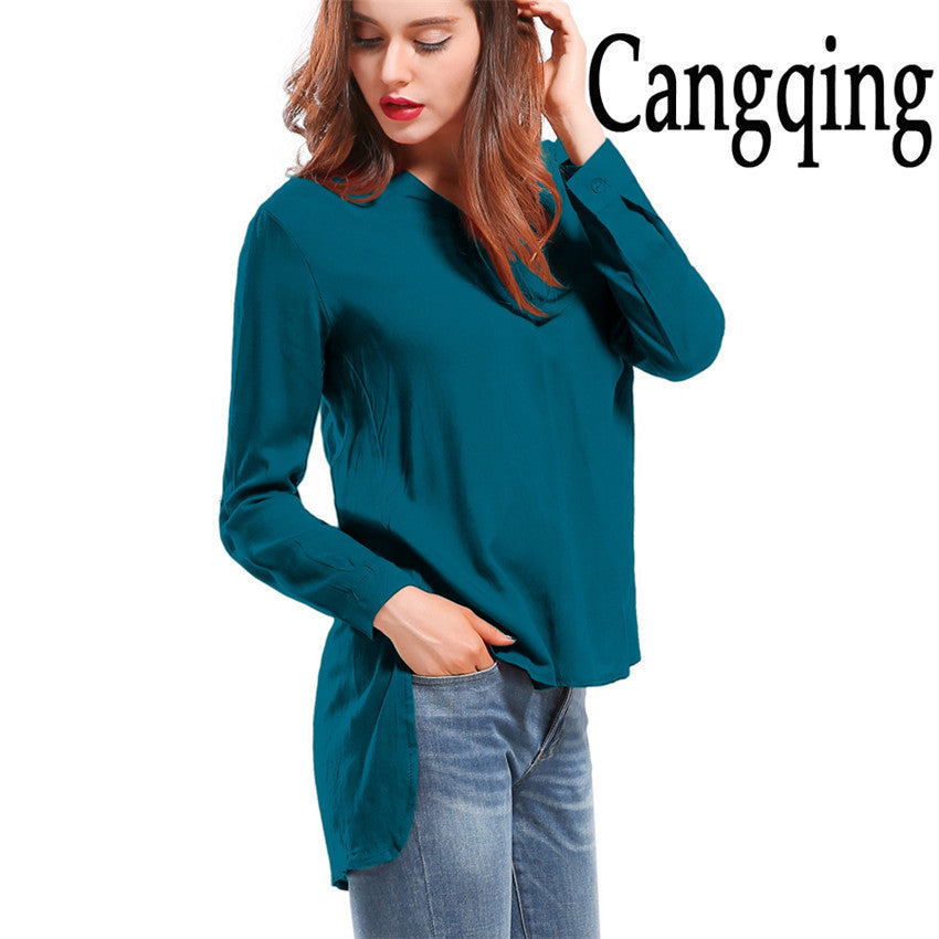 Online discount shop Australia - Fashion female V-neck blouses Cotton irregular Solid Loose Long sleeve shirts Ladies tops Streetwear Women Plus Size