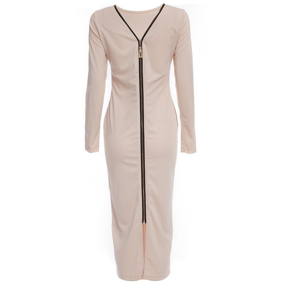 Online discount shop Australia - Autumn Maxi Simple Round Collar Knee-Length Sexy Elegant Dress Long Sleeve Full Zipper Tight Design Fitted Dresses Women Vestido
