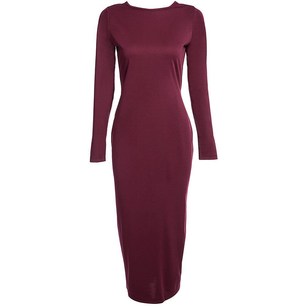 Online discount shop Australia - Autumn Maxi Simple Round Collar Knee-Length Sexy Elegant Dress Long Sleeve Full Zipper Tight Design Fitted Dresses Women Vestido