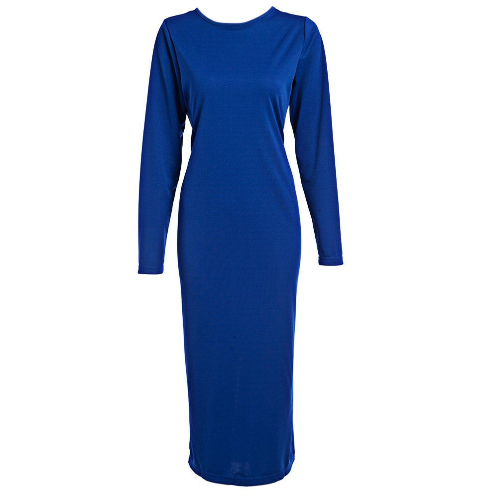 Online discount shop Australia - Autumn Maxi Simple Round Collar Knee-Length Sexy Elegant Dress Long Sleeve Full Zipper Tight Design Fitted Dresses Women Vestido