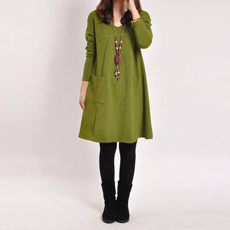 Zanzea Autumn Winter Women Long Sleeve Pocket Dress Solid O Neck Casual Loose Dresses Vestidos Plus Size S-5XL