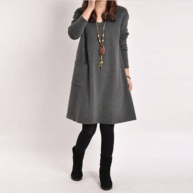 Zanzea Autumn Winter Women Long Sleeve Pocket Dress Solid O Neck Casual Loose Dresses Vestidos Plus Size S-5XL
