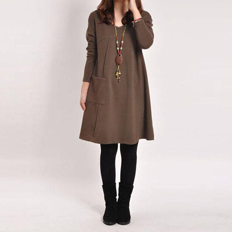 Zanzea Autumn Winter Women Long Sleeve Pocket Dress Solid O Neck Casual Loose Dresses Vestidos Plus Size S-5XL