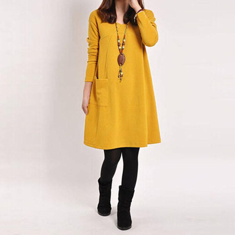 Zanzea Autumn Winter Women Long Sleeve Pocket Dress Solid O Neck Casual Loose Dresses Vestidos Plus Size S-5XL