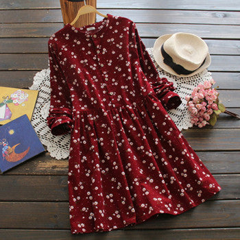 Online discount shop Australia - Japanese korean style long sleeved autumn fall all match fashion small flowers print floral fashion corduroy woman dress