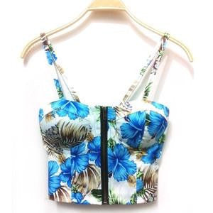 Women Zipper Vintage Floral Bustier Girls Cropped Tops Zipper Bra Crop Tank Tops