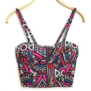 Women Zipper Vintage Floral Bustier Girls Cropped Tops Zipper Bra Crop Tank Tops
