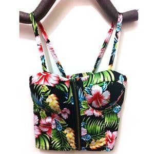 Women Zipper Vintage Floral Bustier Girls Cropped Tops Zipper Bra Crop Tank Tops