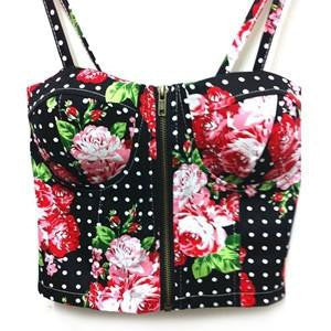 Women Zipper Vintage Floral Bustier Girls Cropped Tops Zipper Bra Crop Tank Tops