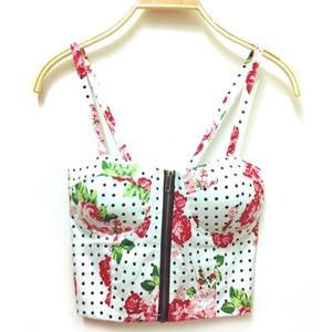 Women Zipper Vintage Floral Bustier Girls Cropped Tops Zipper Bra Crop Tank Tops