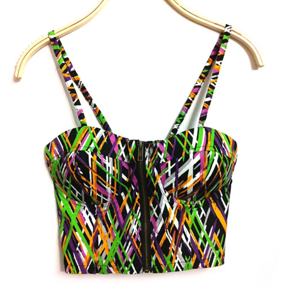Women Zipper Vintage Floral Bustier Girls Cropped Tops Zipper Bra Crop Tank Tops