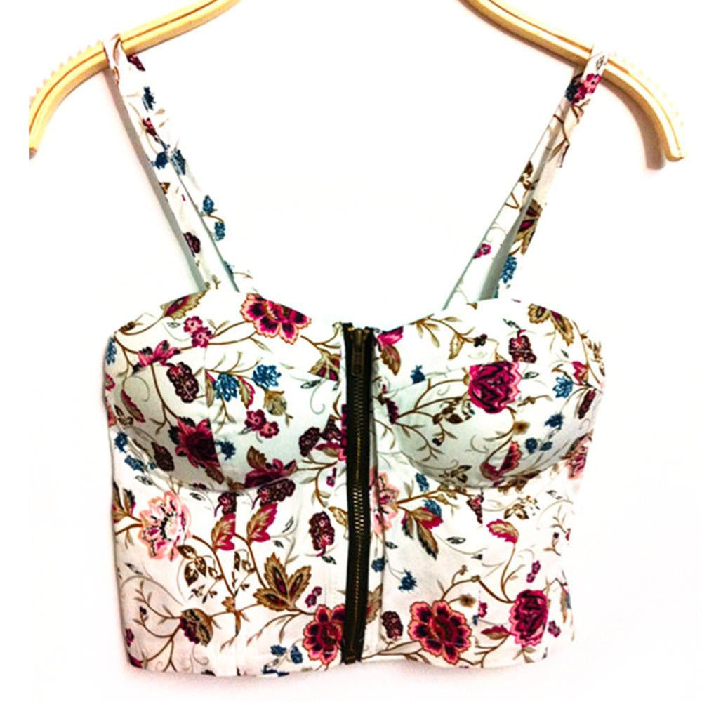 Women Zipper Vintage Floral Bustier Girls Cropped Tops Zipper Bra Crop Tank Tops