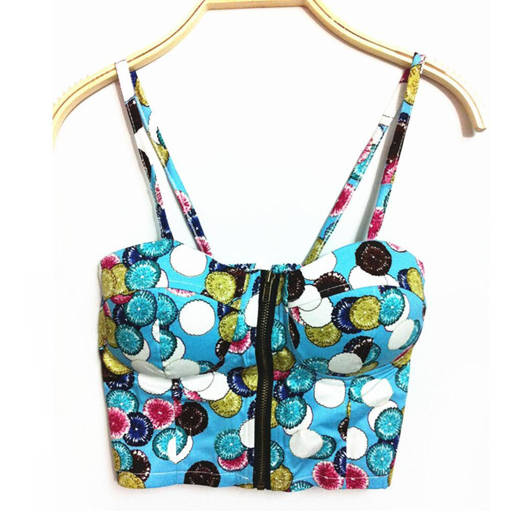 Women Zipper Vintage Floral Bustier Girls Cropped Tops Zipper Bra Crop Tank Tops