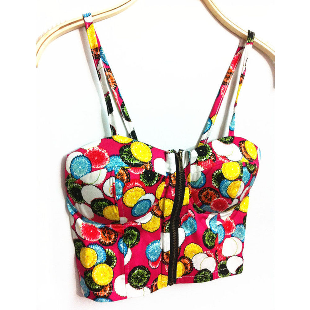 Women Zipper Vintage Floral Bustier Girls Cropped Tops Zipper Bra Crop Tank Tops