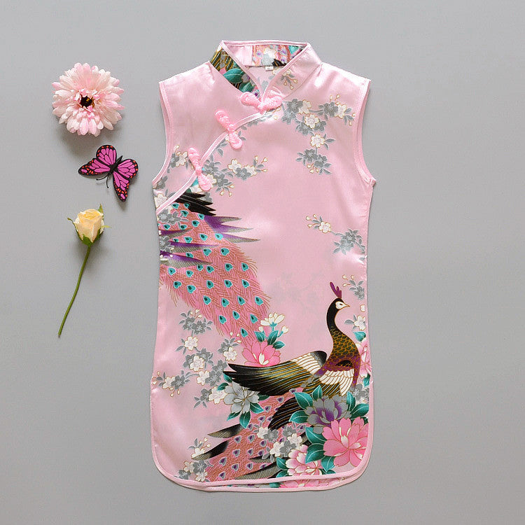 Fashion Chinese Style Flower Birds Cotton Children's Cloth Kids Qipao Dress Sleeveless Summer Girl's Dress - CelebritystyleFashion.com.au online clothing shop australia