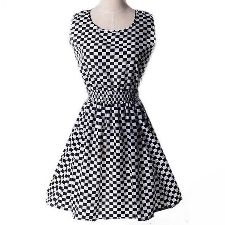 Summer Style Dress Women Dresses Check Lattice Pattern Chiffon Sleeveless Plus Size XXL Black White IDJG001#12