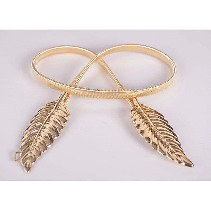 Women Metal Leaves Elastic Waist Dress Belt Strap Waistband