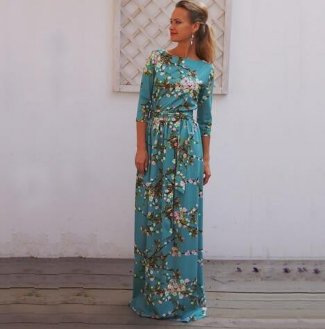 Women Maxi plus size dress longdess sky blue Three Quarter vintage flowers party print long dress Cosplay Longos