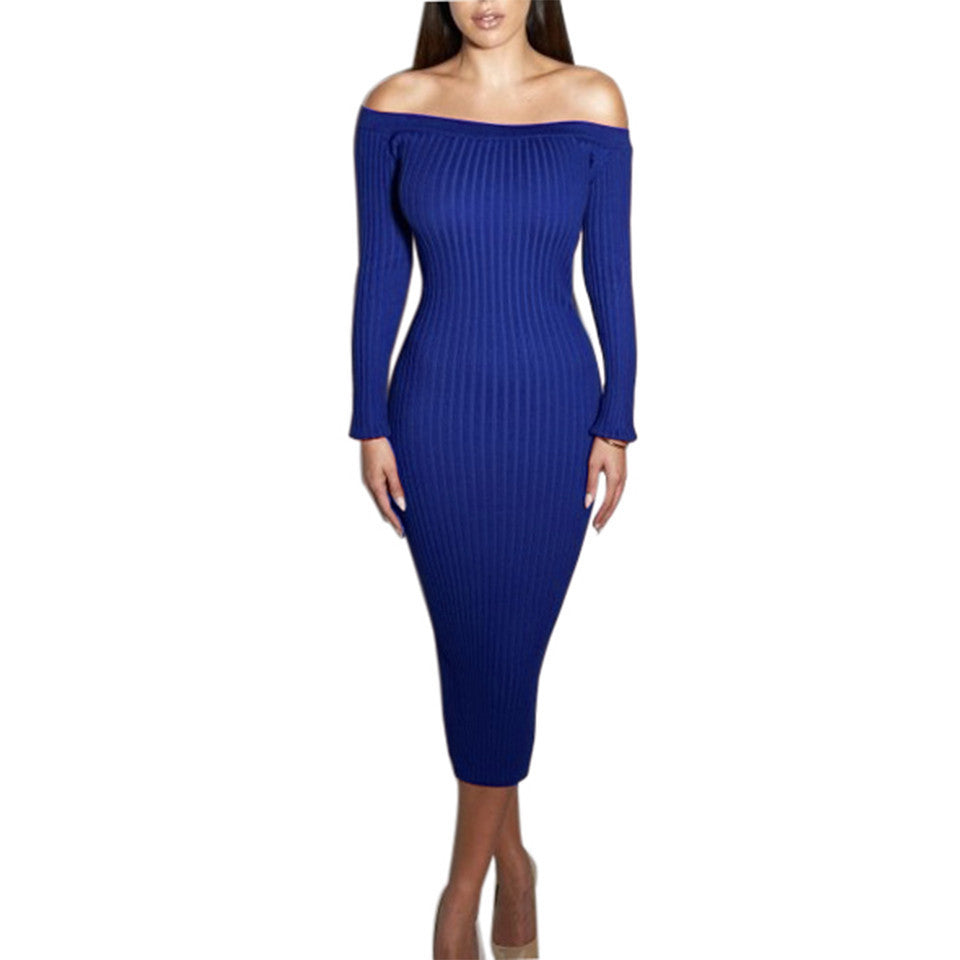 Online discount shop Australia - Fashion Long Sleeve Off Shoulder Slash Neck Sexy Club Women Dress Slim Bodycon Knitted Sweater Knee-Length Party Night Dresses