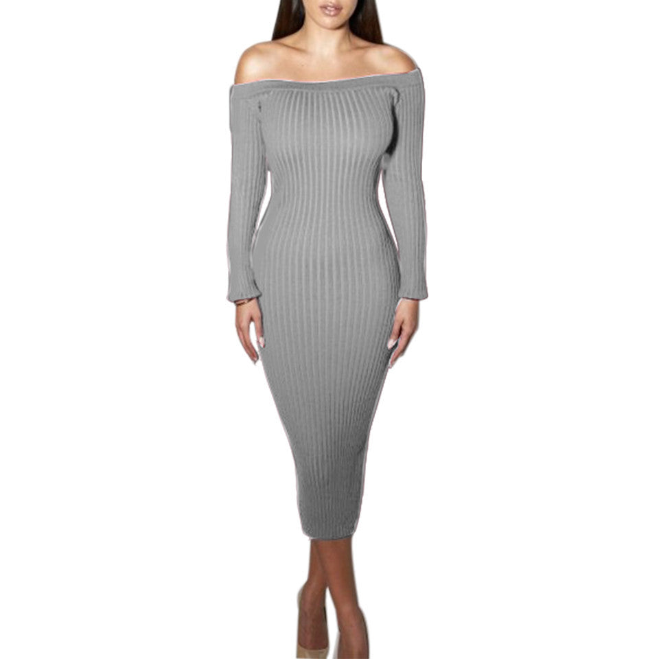 Online discount shop Australia - Fashion Long Sleeve Off Shoulder Slash Neck Sexy Club Women Dress Slim Bodycon Knitted Sweater Knee-Length Party Night Dresses