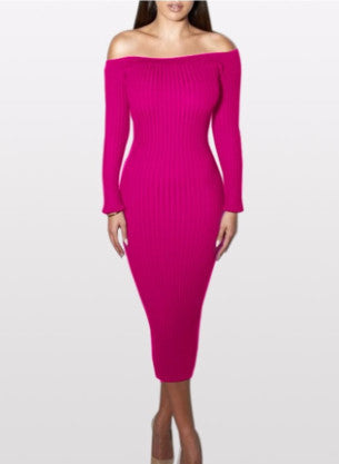Online discount shop Australia - Fashion Long Sleeve Off Shoulder Slash Neck Sexy Club Women Dress Slim Bodycon Knitted Sweater Knee-Length Party Night Dresses