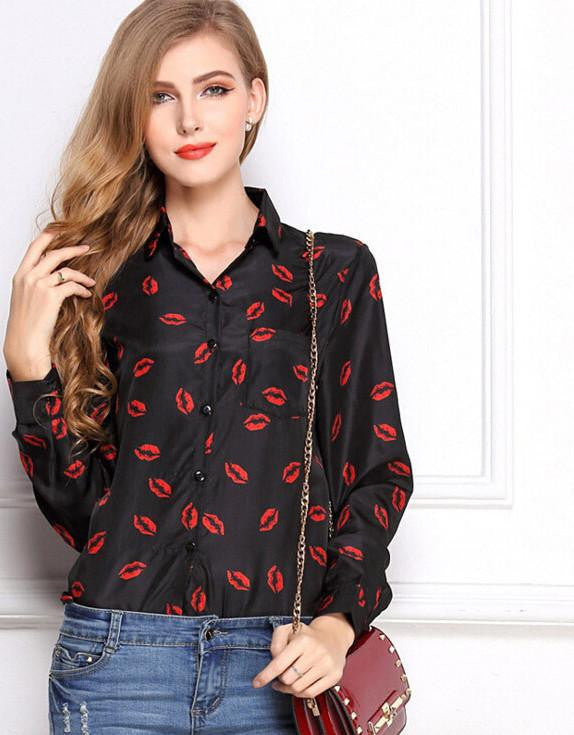 Women's Blouses Red Lips Print Chiffon Casual Lady Shirt White Stand Collar Button Long Sleeve Blouse