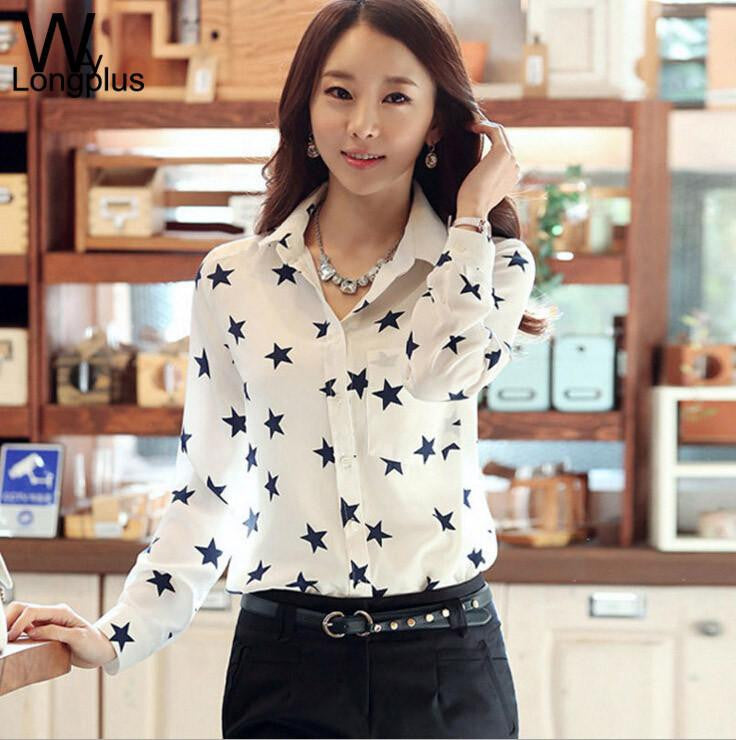 Women's Blouses Red Lips Print Chiffon Casual Lady Shirt White Stand Collar Button Long Sleeve Blouse