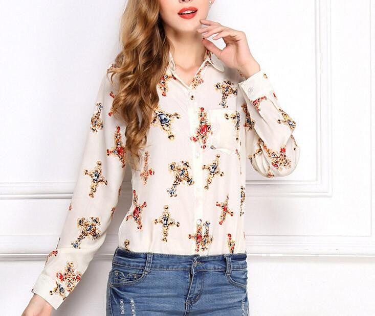 Women's Blouses Red Lips Print Chiffon Casual Lady Shirt White Stand Collar Button Long Sleeve Blouse