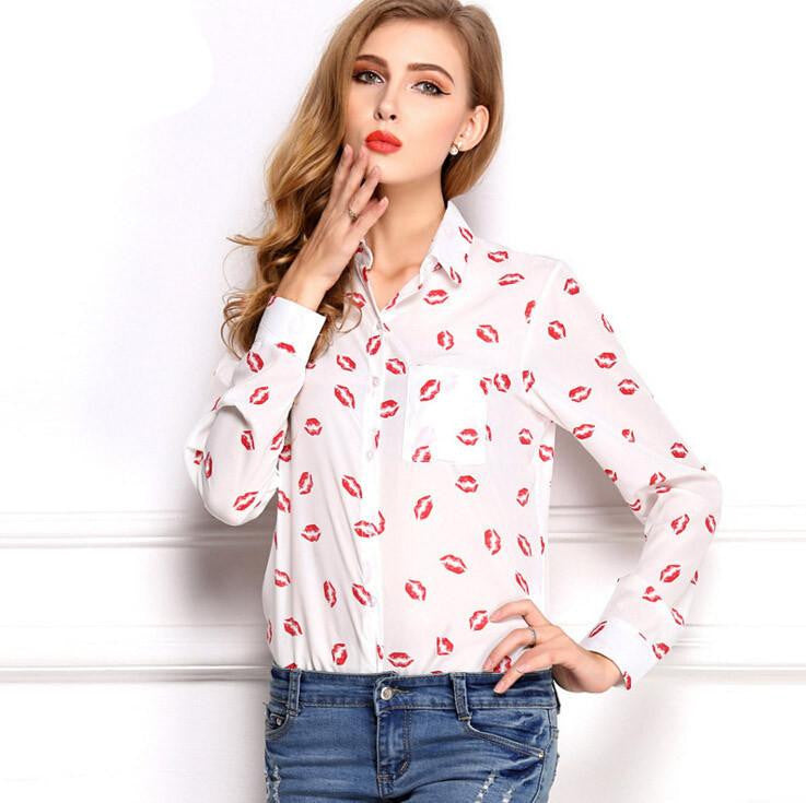 Women's Blouses Red Lips Print Chiffon Casual Lady Shirt White Stand Collar Button Long Sleeve Blouse