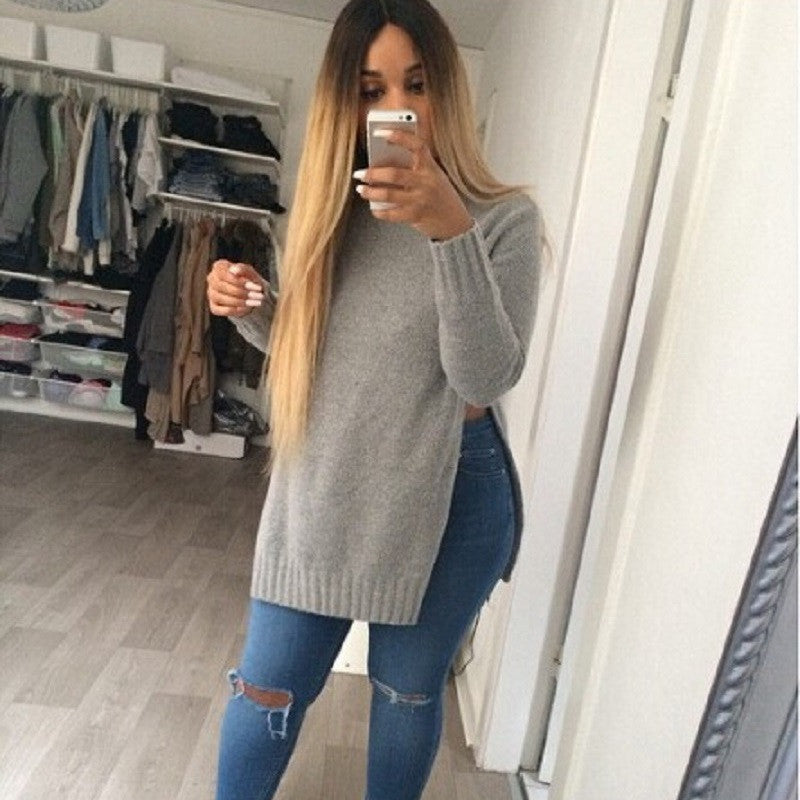 Online discount shop Australia - Fashion Lady Knitwear Women Casual Sweater Knitted Plus Size Split Pullover Sweater