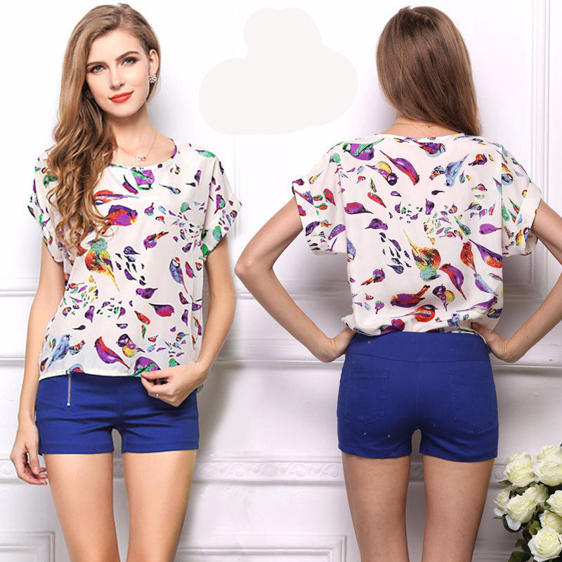 Online discount shop Australia - Casual Shirts for Women Chiffon Blouses Batwing Short Sleeve O-neck Plus Size XXL Print Shirt Tops Female LY1213a