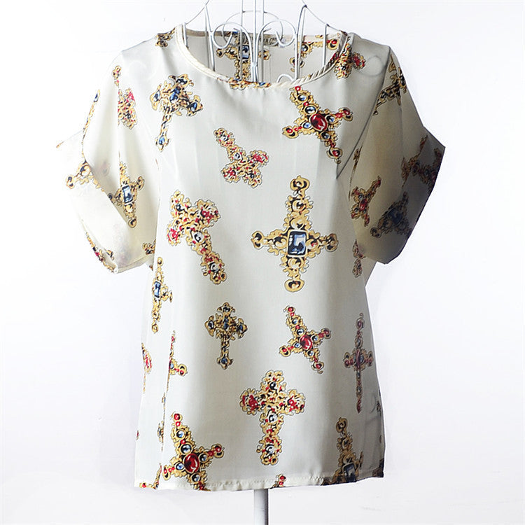 Online discount shop Australia - Casual Shirts for Women Chiffon Blouses Batwing Short Sleeve O-neck Plus Size XXL Print Shirt Tops Female LY1213a