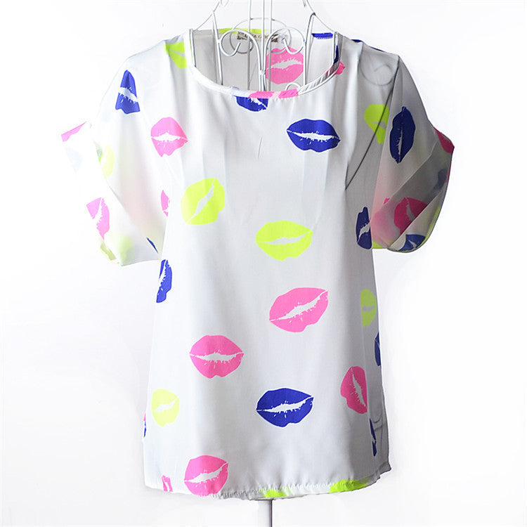 Online discount shop Australia - Casual Shirts for Women Chiffon Blouses Batwing Short Sleeve O-neck Plus Size XXL Print Shirt Tops Female LY1213a