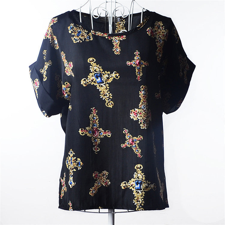 Online discount shop Australia - Casual Shirts for Women Chiffon Blouses Batwing Short Sleeve O-neck Plus Size XXL Print Shirt Tops Female LY1213a