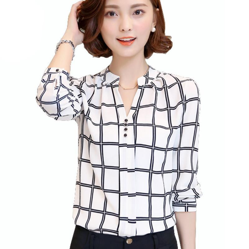 women shirts Chiffon Blouse Printed Long Sleeve Blouse White Striped Blouses Top Shirt