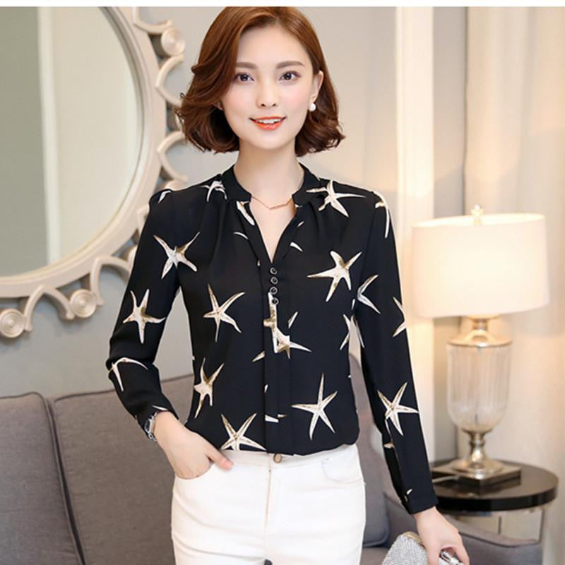 women shirts Chiffon Blouse Printed Long Sleeve Blouse White Striped Blouses Top Shirt