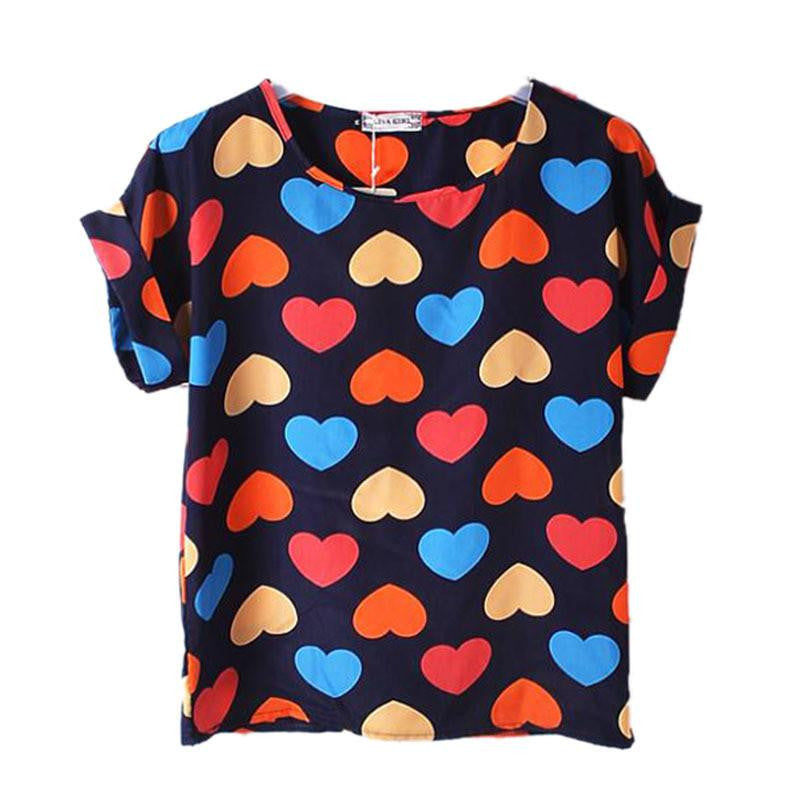 Women Chiffon T-Shirts Ladies Loose Short Sleeve Shirts Striped Heart Lip Tops