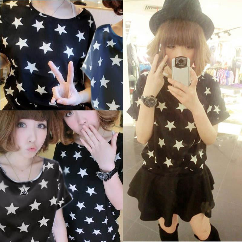 Women Chiffon T-Shirts Ladies Loose Short Sleeve Shirts Striped Heart Lip Tops