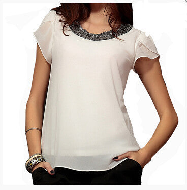 Online discount shop Australia - Fashion Chiffon Women tops sleeve shirt women casual blouse beading elegant blouse brief loose tops