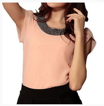 Online discount shop Australia - Fashion Chiffon Women tops sleeve shirt women casual blouse beading elegant blouse brief loose tops